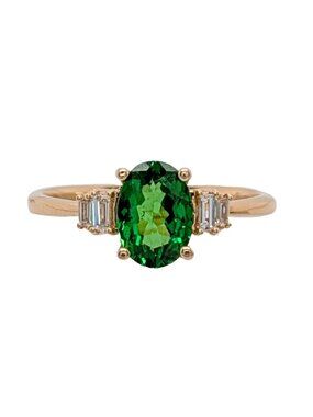 Oval 1Ct Tsavorite Ring with Baguette Diamonds in Solid 14K Gold